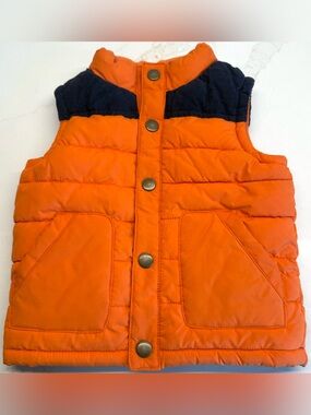 Gymboree Orange Puffer Vest with Navy Corduroy Trim | 12-24 Months | EUC